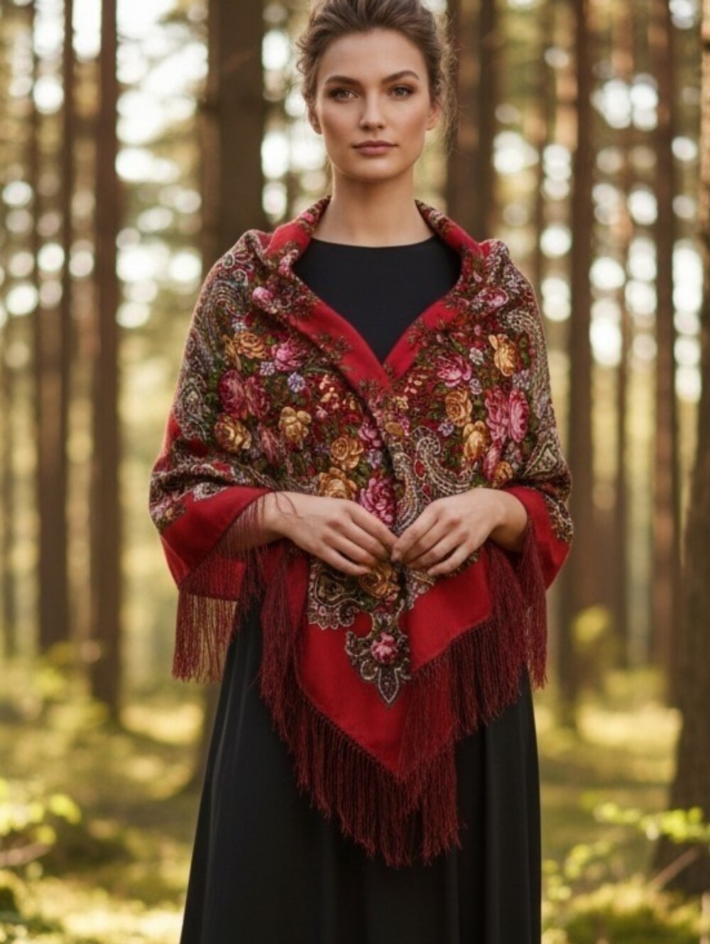 Russian Pure Wool Fringed Floral Folk Scarf Wrap Shawl Head Scarf Red Multi